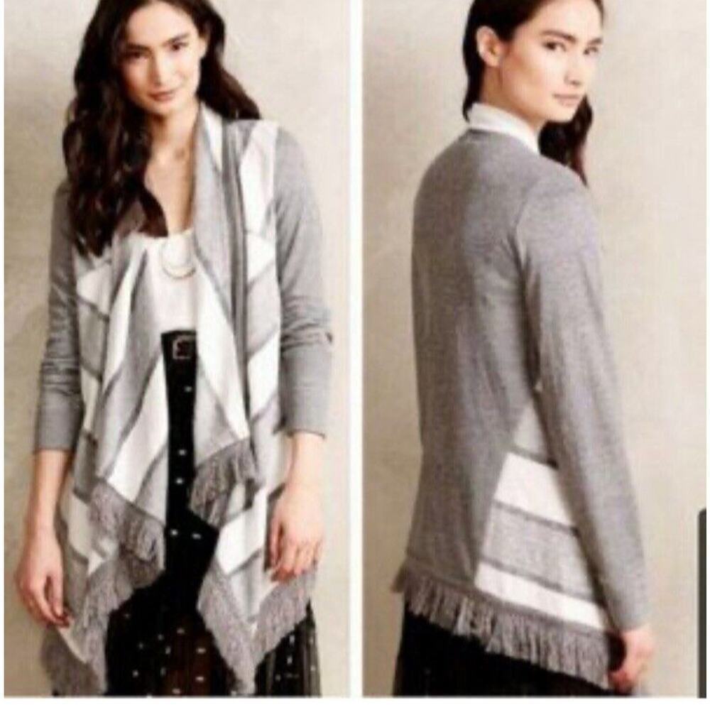 Anthropologie Saturday Sunday Size M Elise Fringed Cardigan Waterfall Gray White